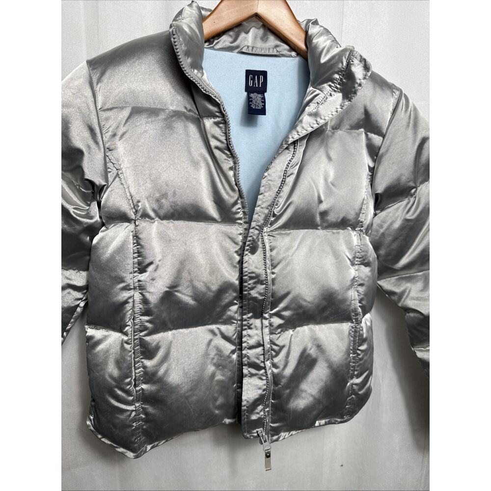 Vintage Y2K Gap Silver Puffer Jacket Girl's Size XL Down Filled Fleece Lined GUC - Picture 7 of 11